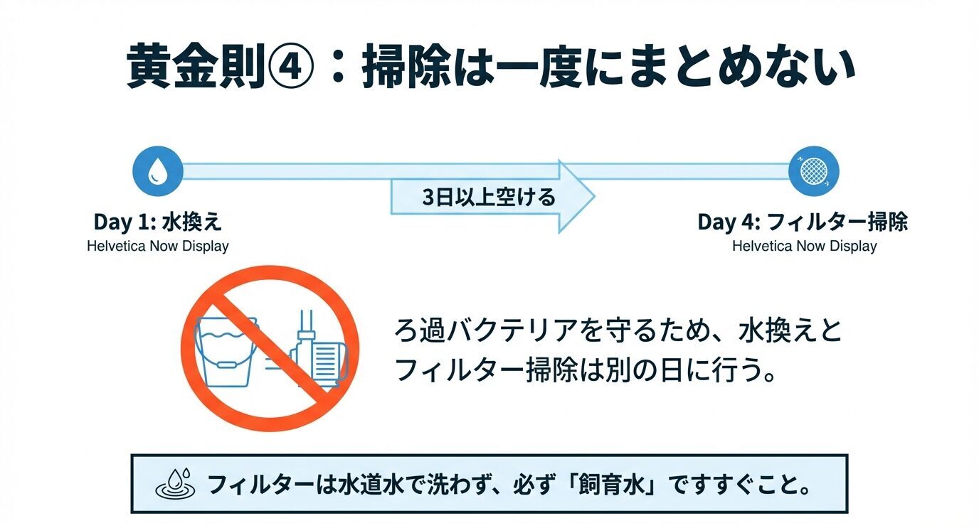 Day1に水換え、3日以上空けてDay4にフィルター掃除を行うタイムライン。ろ過バクテリアを守るため別日に実施し、フィルターは水道水で洗わず飼育水ですすぐ注意