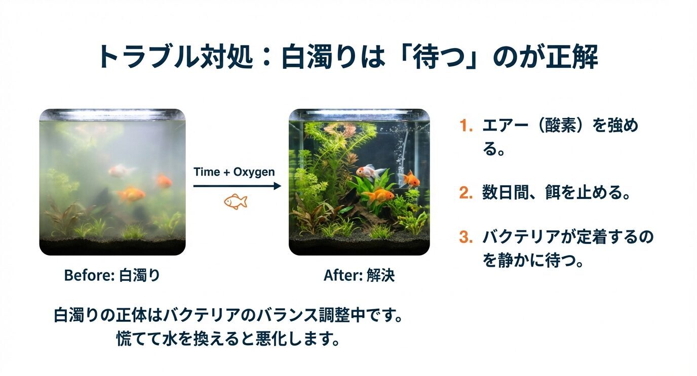 白濁りの水槽(Before)から時間と酸素で澄む水槽(After)への変化。対処としてエア(酸素)を強める、数日餌を止める、バクテリア定着を静かに待つの3点