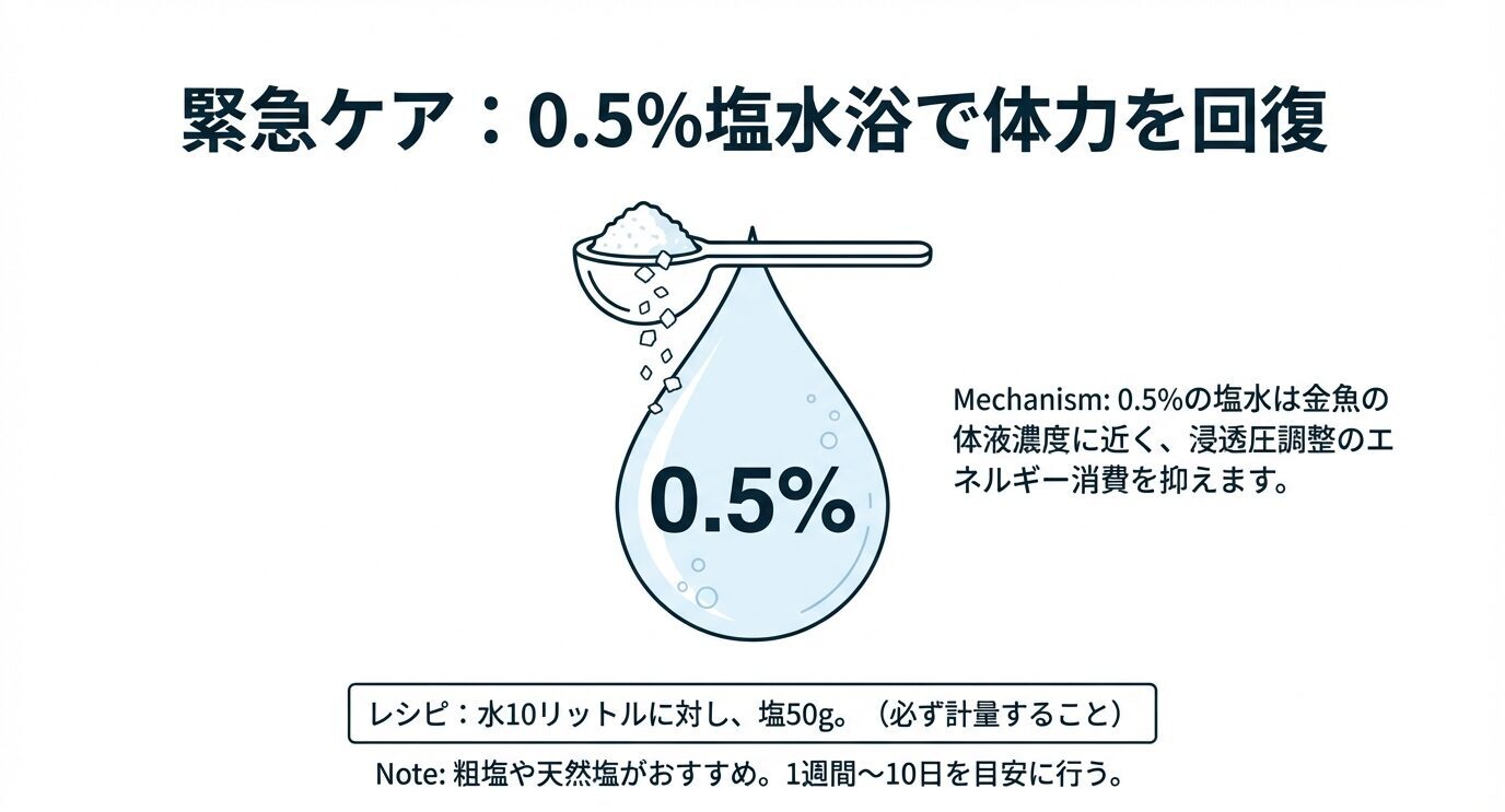 0.5%と表示された水滴の図と、塩水が体液濃度に近く浸透圧調整のエネルギー消費を抑える説明。水10Lに塩50gを計量するレシピ、粗塩や天然塩推奨、期間は1〜10日目安