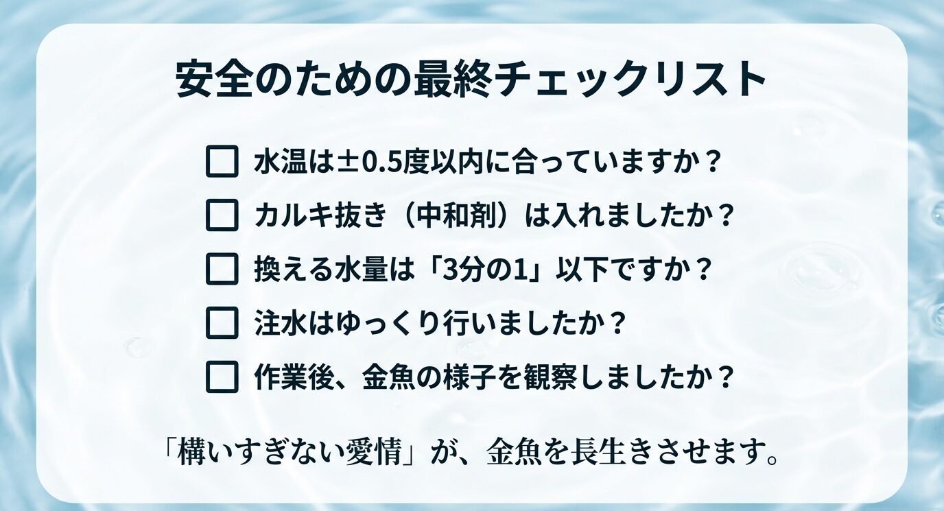 水温±0.5℃、カルキ抜き(中和剤)、換水量は3分の1以下、注水はゆっくり、作業後に金魚の様子を観察、のチェック項目。「構いすぎない愛情が金魚を長生きさせます」というメッセージ