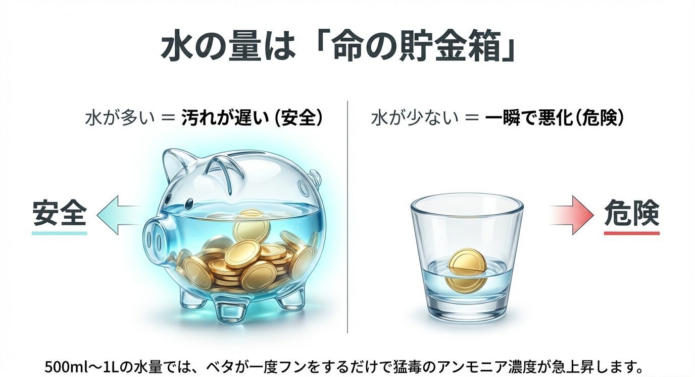 水量が多いと汚れが遅く安全、少ないと一瞬で悪化して危険になることを、貯金箱とコップのイラストで示した図
