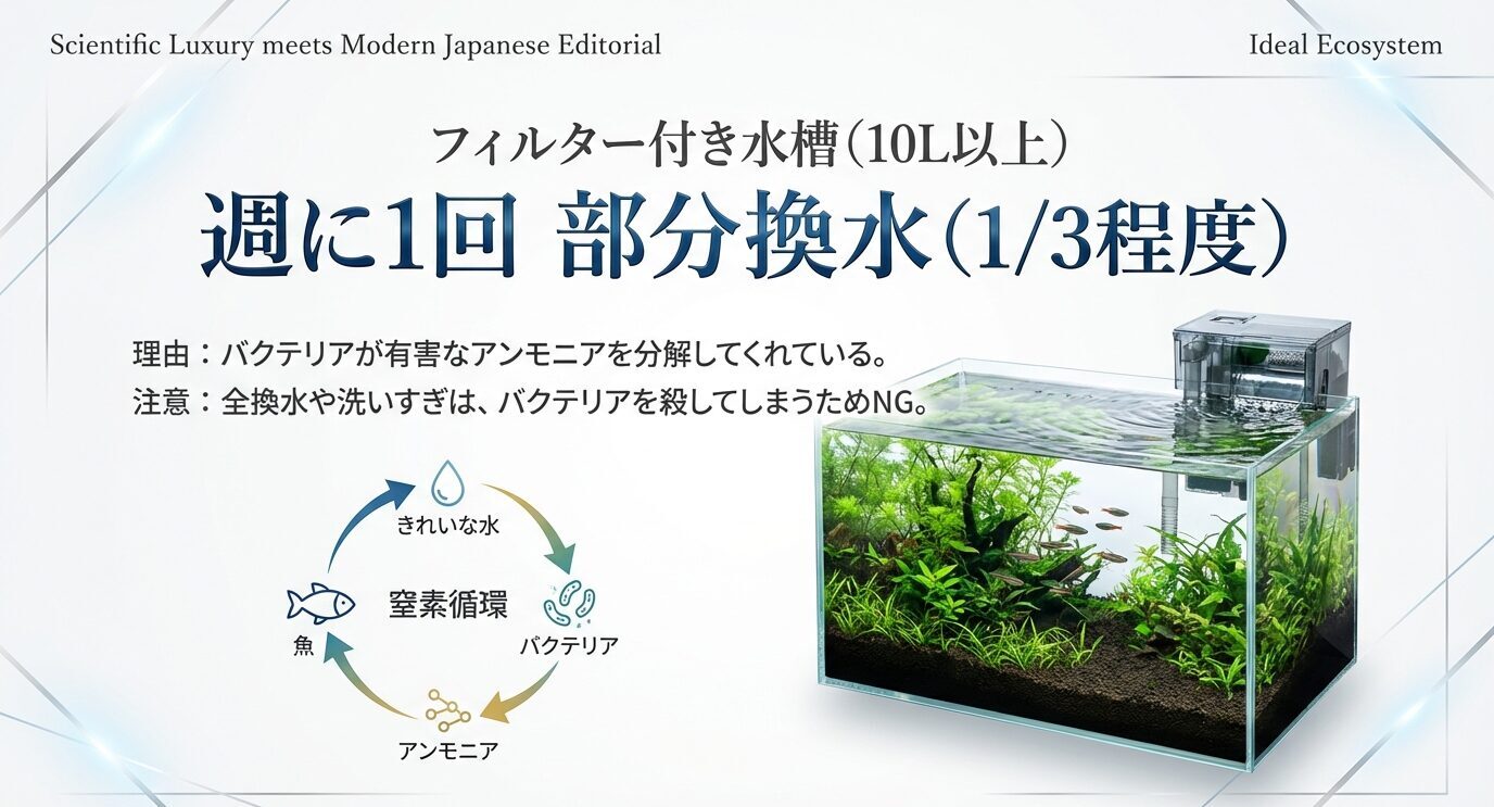 バクテリアがアンモニアを分解するため、10L以上でフィルター稼働なら週1回、全体の約1/3の部分換水が基本だと示すスライド