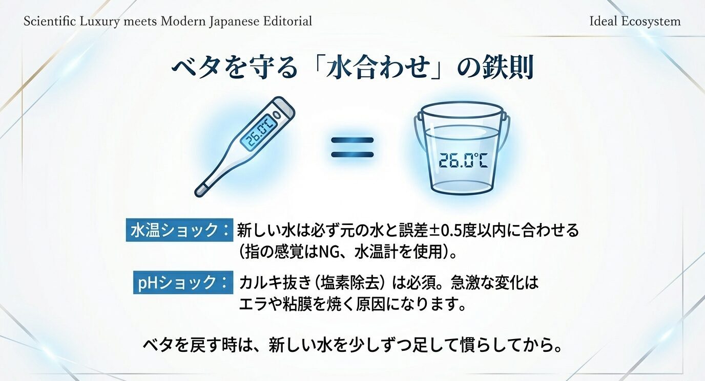 新しい水は元の水と温度差±0.5℃以内に合わせ、カルキ抜きを必ず行い、少しずつ新水を足して慣らす手順を示したスライド