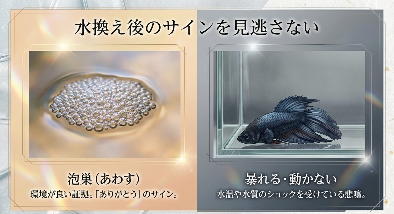 左に泡巣は環境が良いサイン、右に暴れる・動かないのは水温や水質ショックの可能性を示す比較スライド