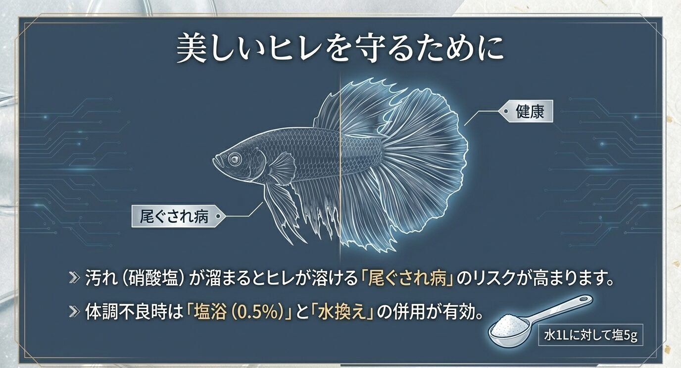 汚れ(硝酸塩など)の蓄積で尾ぐされ病リスクが上がること、体調不良時は塩浴0.5%(水1Lに塩5g)と水換えの併用が有効だと示すスライド