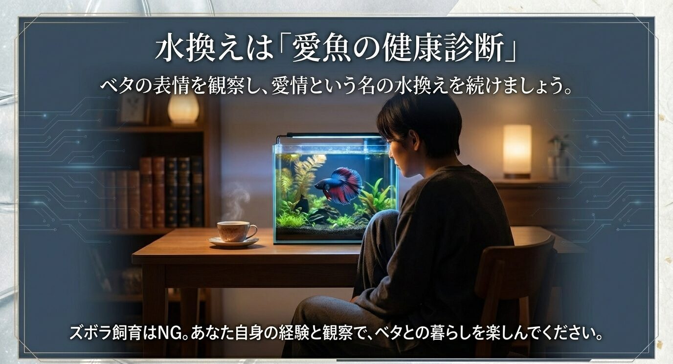 水槽を眺める人物とベタ水槽の写真に「水換えは愛魚の健康診断。観察しながら続けよう」という締めのメッセージが入ったスライド