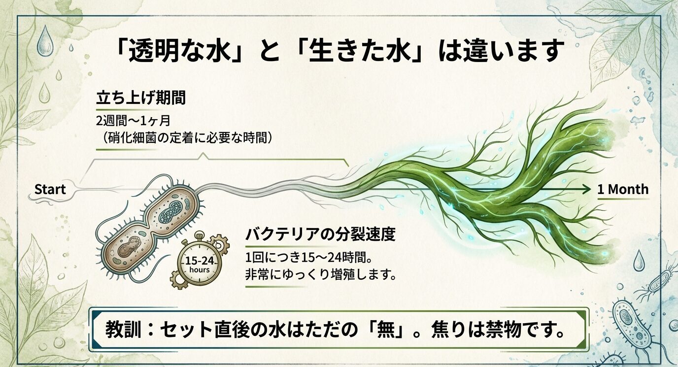 立ち上げ期間は2週間〜1ヶ月で、硝化細菌は1回の分裂に15〜24時間かかることを図解したスライド。セット直後は「無」に近いと示す。