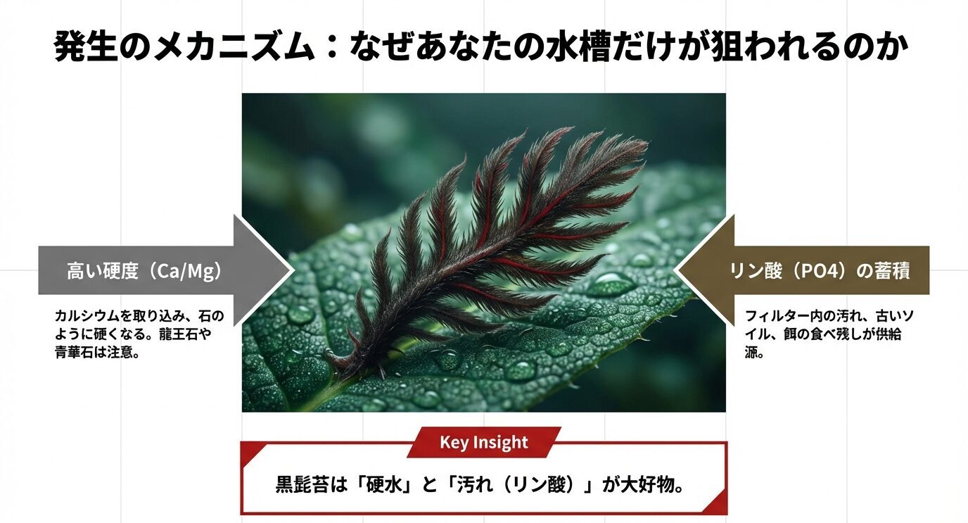 黒髭苔が狙う原因として「高い硬度(Ca/Mg)」と「リン酸(PO4)の蓄積」を矢印で示したメカニズム図