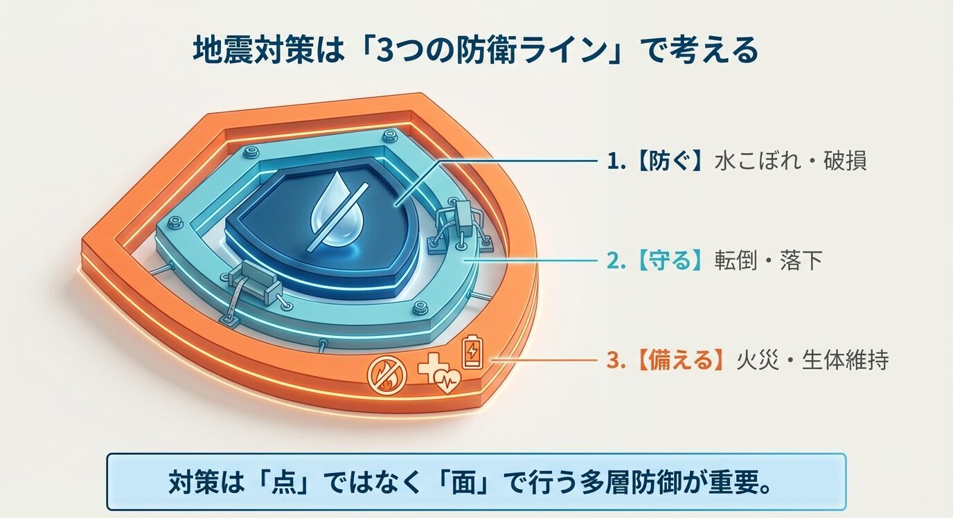 「防ぐ(水こぼれ・破損)」「守る(転倒・落下)」「備える(火災・生体維持)」の3層で対策を整理した図。点ではなく面で行う多層防御が重要と示している。