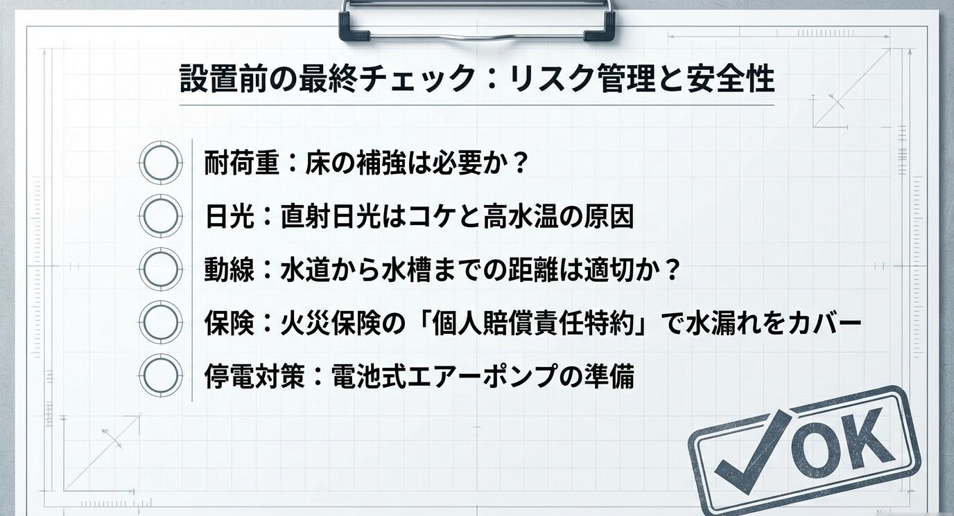 耐荷重、直射日光、動線、火災保険の補償、停電時の電池式エアポンプ準備などをチェック項目で示すスライド