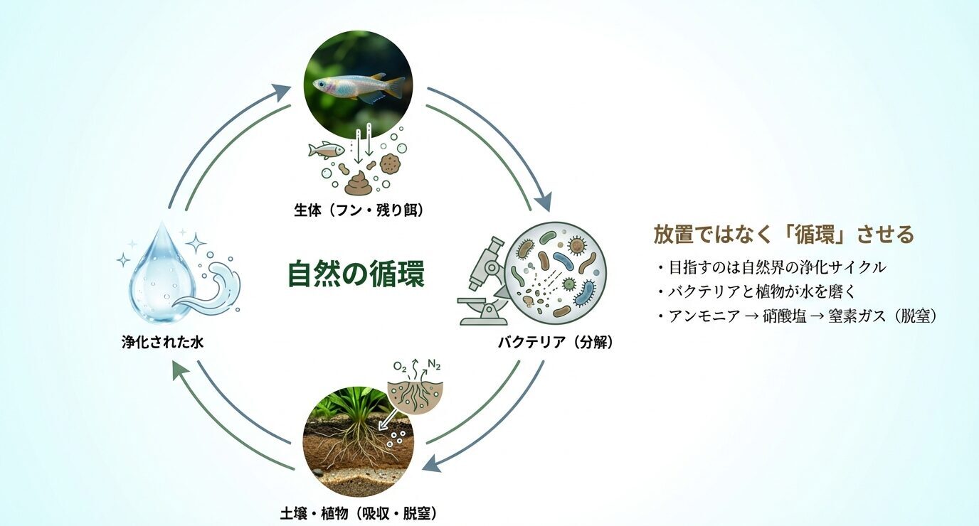 生体→バクテリア→土壌・植物→浄化された水へと回る循環図と、「アンモニア→硝酸塩→窒素ガス(脱窒)」の要点。