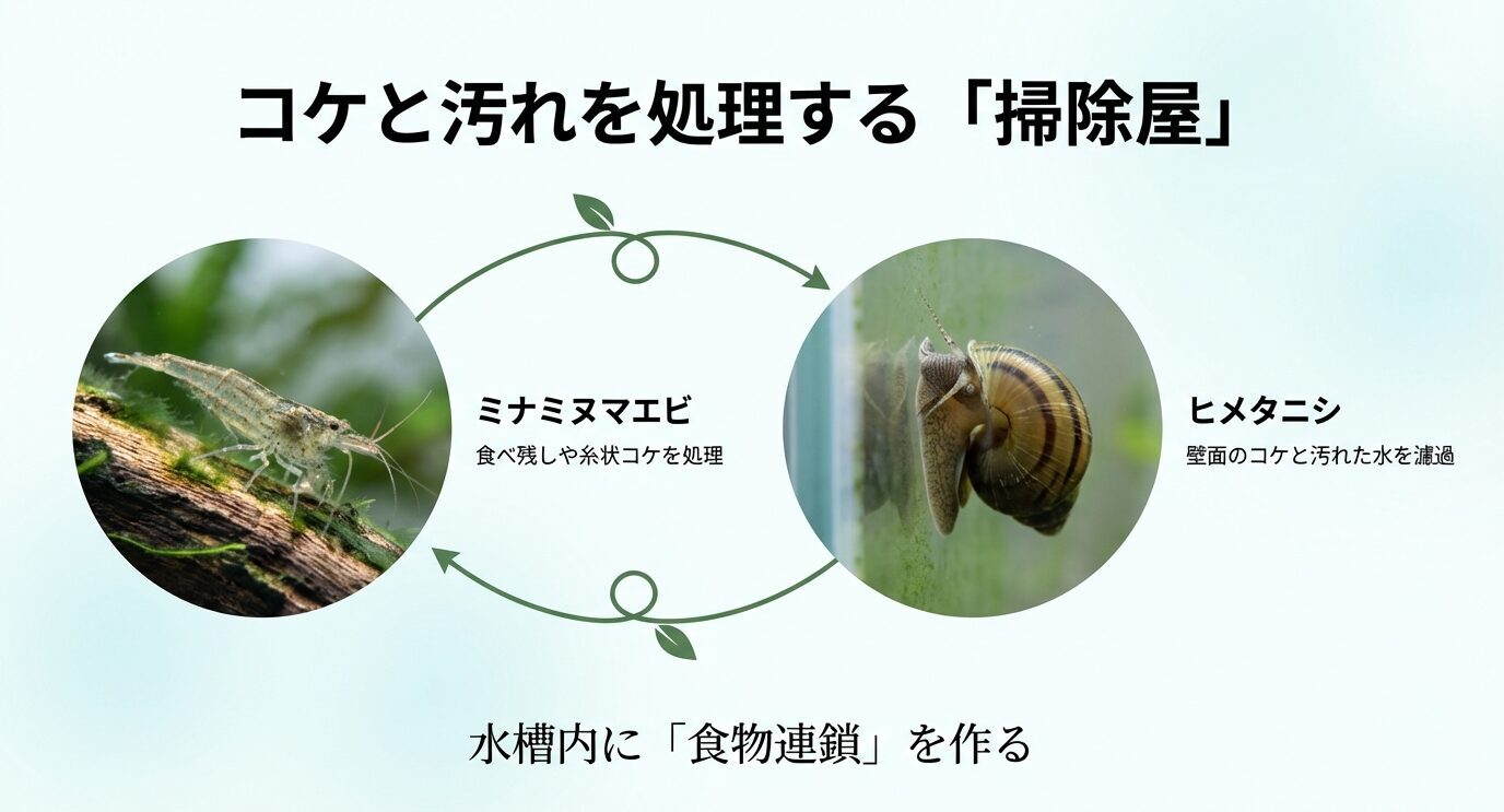 ミナミヌマエビが細かいコケや残餌を処理し、ヒメタニシが壁面コケや水中の汚れを濾し取ることで、食物連鎖的に汚れを減らすことを示す。