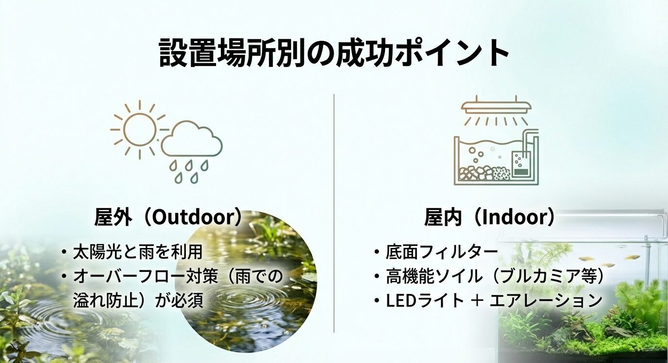 屋外は太陽光・雨・風を活かしつつオーバーフローや高温対策が必須、屋内は底面フィルター+ソイル+LED+エアレーションで循環を補うと対比する。