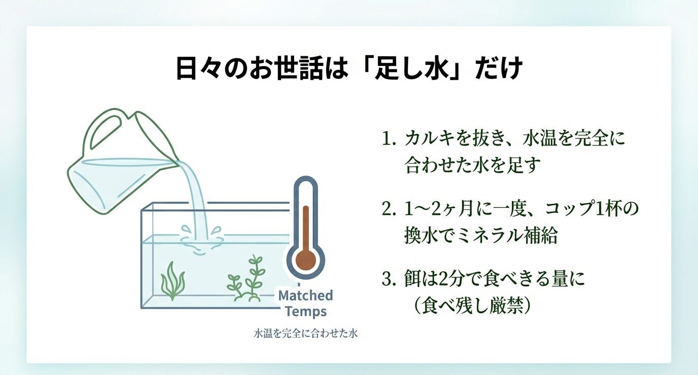 足し水はカルキ抜きと水温合わせを徹底し、ゆっくり注ぐこと、TDS蓄積には微量換水を組み合わせるなど、安定維持の要点をまとめたスライド。