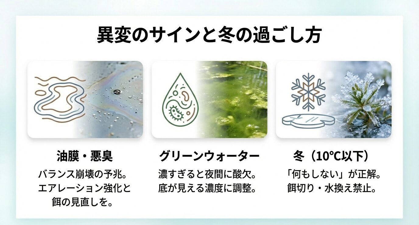油膜や臭いは過多給餌やろ材目詰まりなどのサインで、餌調整・通水回復・酸素確保が重要。青水は濃すぎると夜間酸欠のため透明度管理。冬は「触らない」が基本と示す。