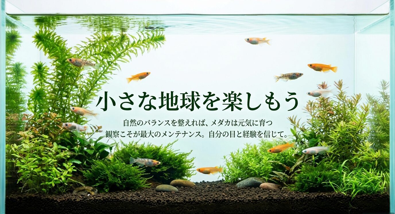 水草が茂った水槽でメダカが泳ぐビジュアルに、観察とバランス調整が水換え不要維持の核心であることを伝える締めスライド。