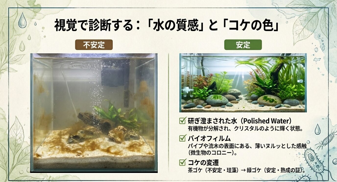 不安定な白濁気味の水槽と、安定した水草水槽を左右比較し、磨き澄まされた水(Polished Water)、薄いヌメリのバイオフィルム、茶ゴケから緑ゴケへの変遷を示す。