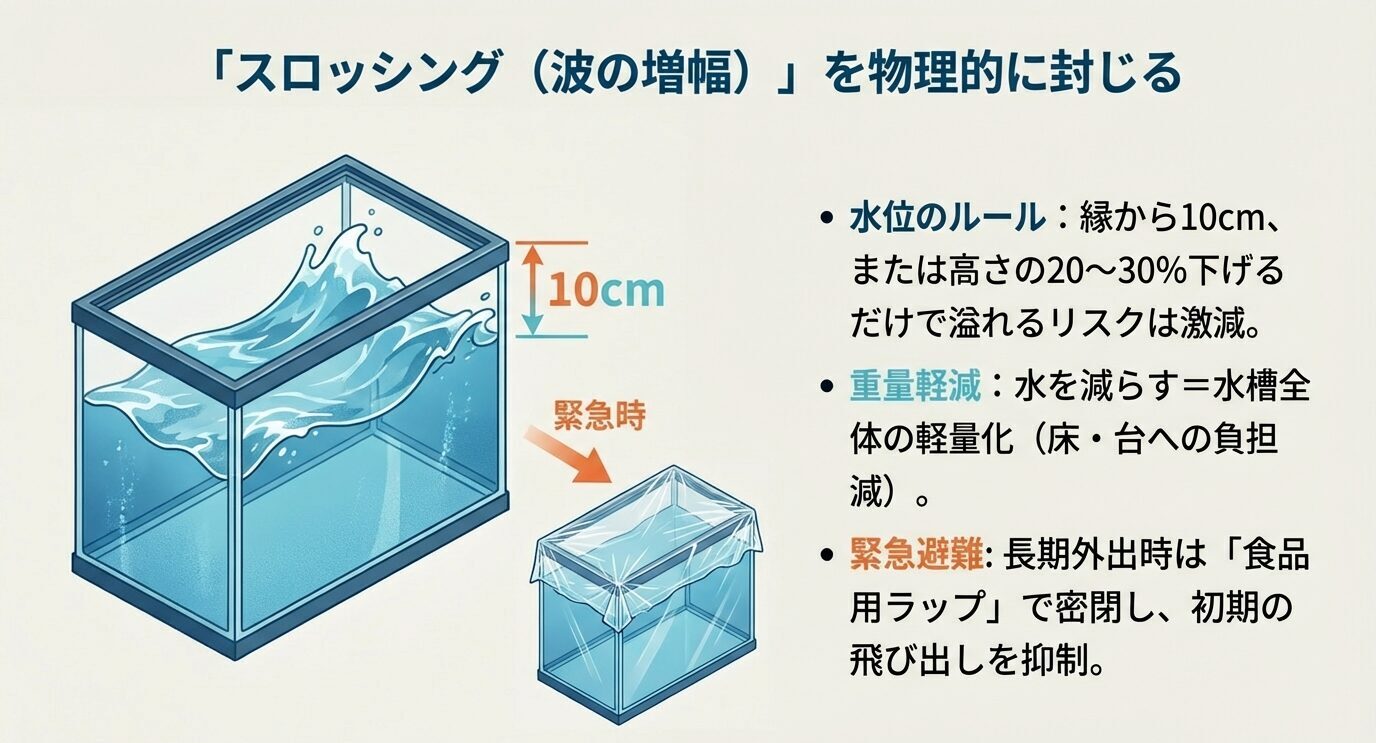 水槽の波が増幅して溢れる模式図と「縁から10cm、または高さの20〜30%水位を下げる」目安、緊急時は食品用ラップで飛び出し抑制するポイントをまとめた図。