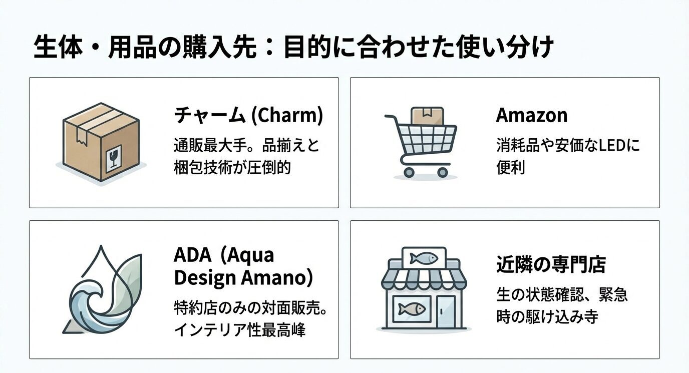 チャーム、Amazon、ADA、近隣の専門店を用途別に使い分ける方針を示したスライド