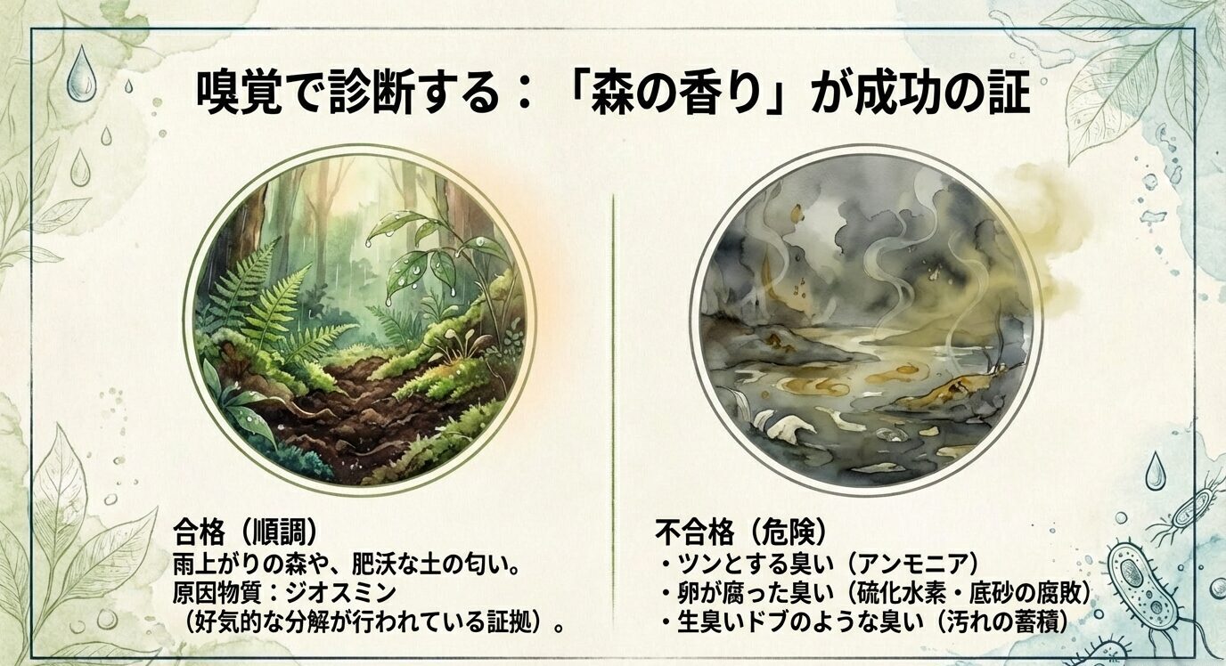 左に森の土の香り(合格)、右に腐敗臭のイメージ(不合格)を配置し、アンモニア臭・腐卵臭(硫化水素)・ドブ臭が危険サインと示すスライド。