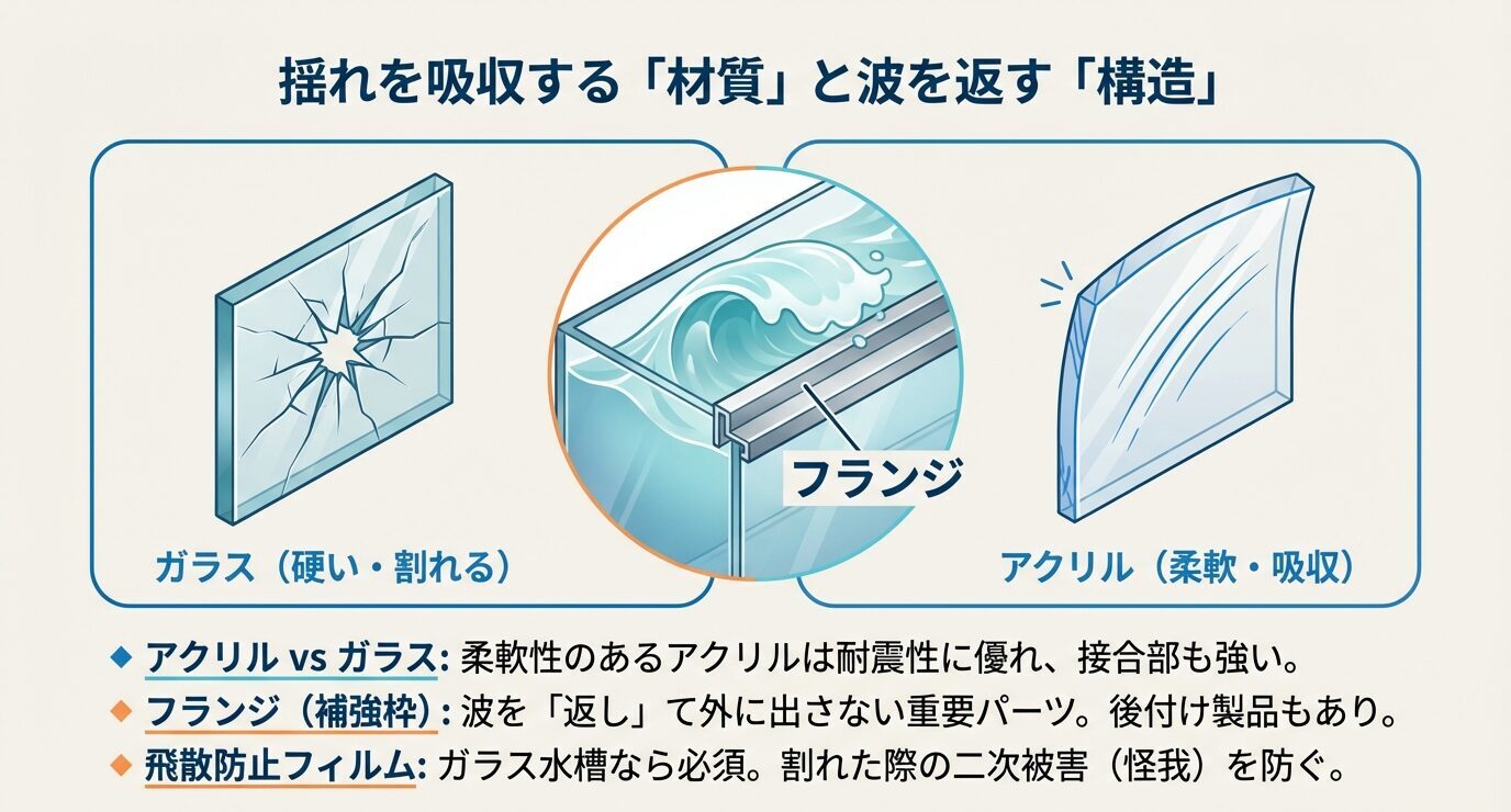 ガラスは硬く割れやすい、アクリルは柔軟で揺れを吸収する比較図。フランジが波を返して溢水を抑えること、ガラス水槽は飛散防止フィルムが有効なことを示す。