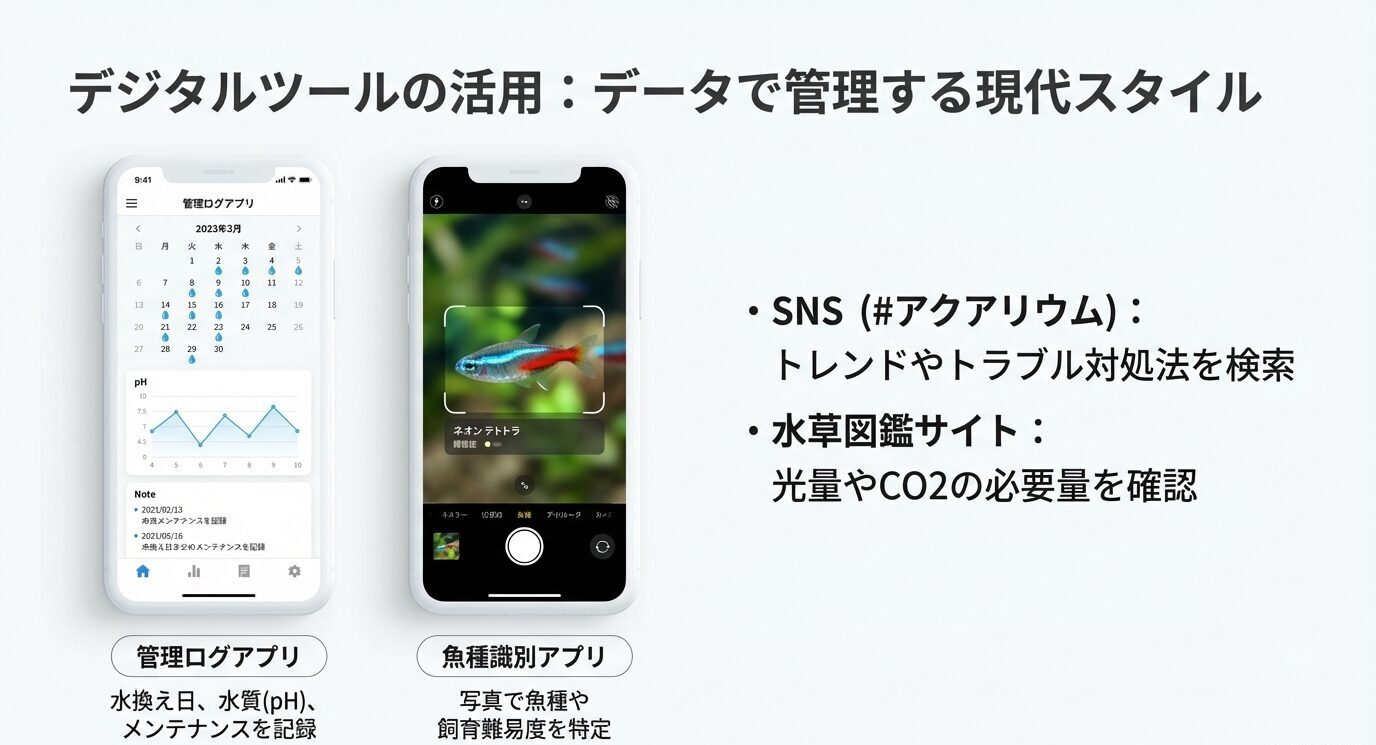 管理ログアプリと魚種識別アプリの例、SNSや図鑑サイトで情報収集する方法を示したスライド