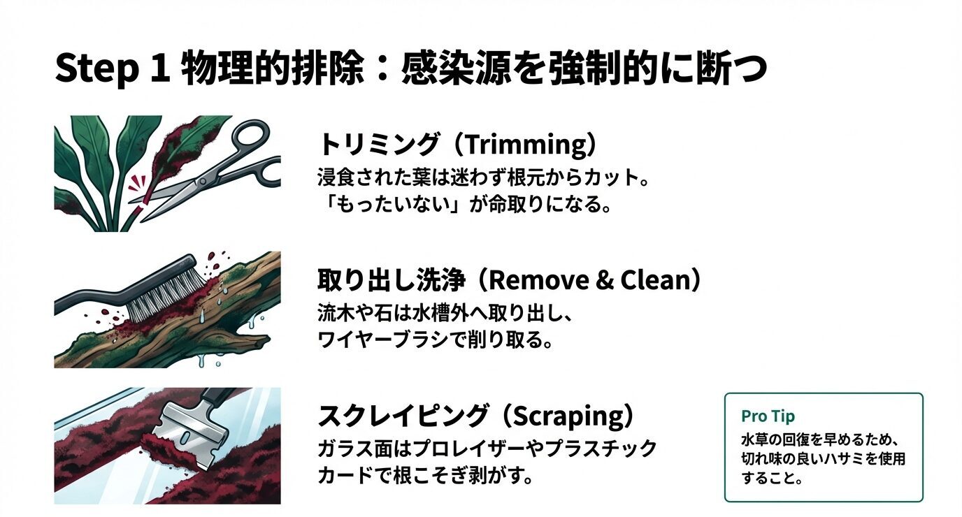 トリミング、流木や石の取り出し洗浄、ガラス面のスクレイピングで黒髭苔を減らす手順をまとめたスライド