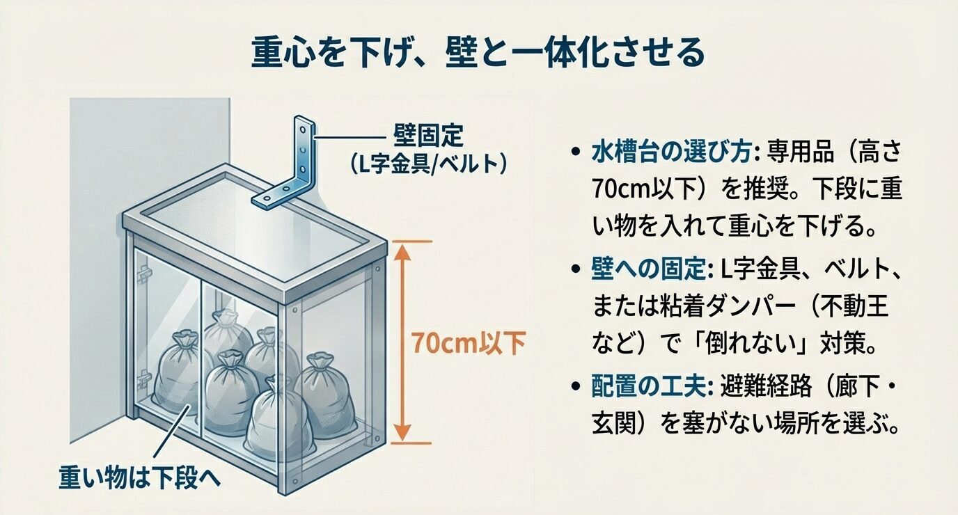 高さ70cm以下の水槽台、重い物は下段へ配置して重心を下げる図。L字金具やベルトで壁固定し、転倒を防ぐポイントを示している。