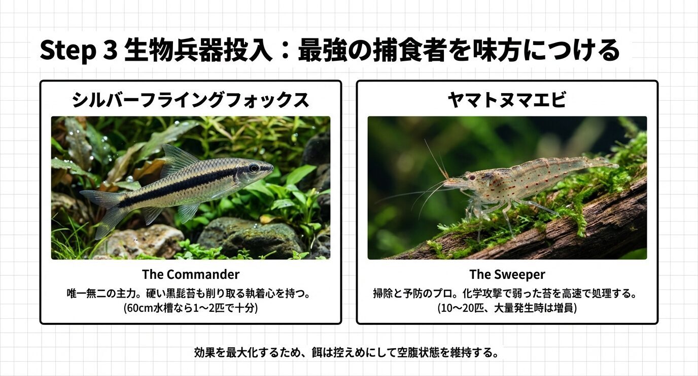 シルバーフライングフォックスが主力として苔を削り、ヤマトヌマエビが清掃と予防を担う役割分担を示したスライド