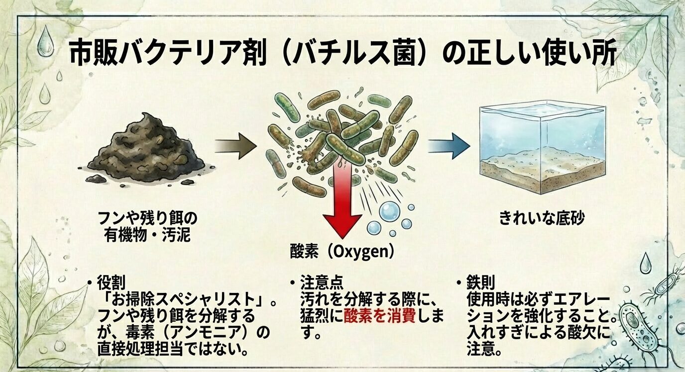 フンや残り餌の有機物を分解して底砂をきれいにする一方、分解時に酸素を消費するため使用時はエアレーション強化が必須と示す図解。