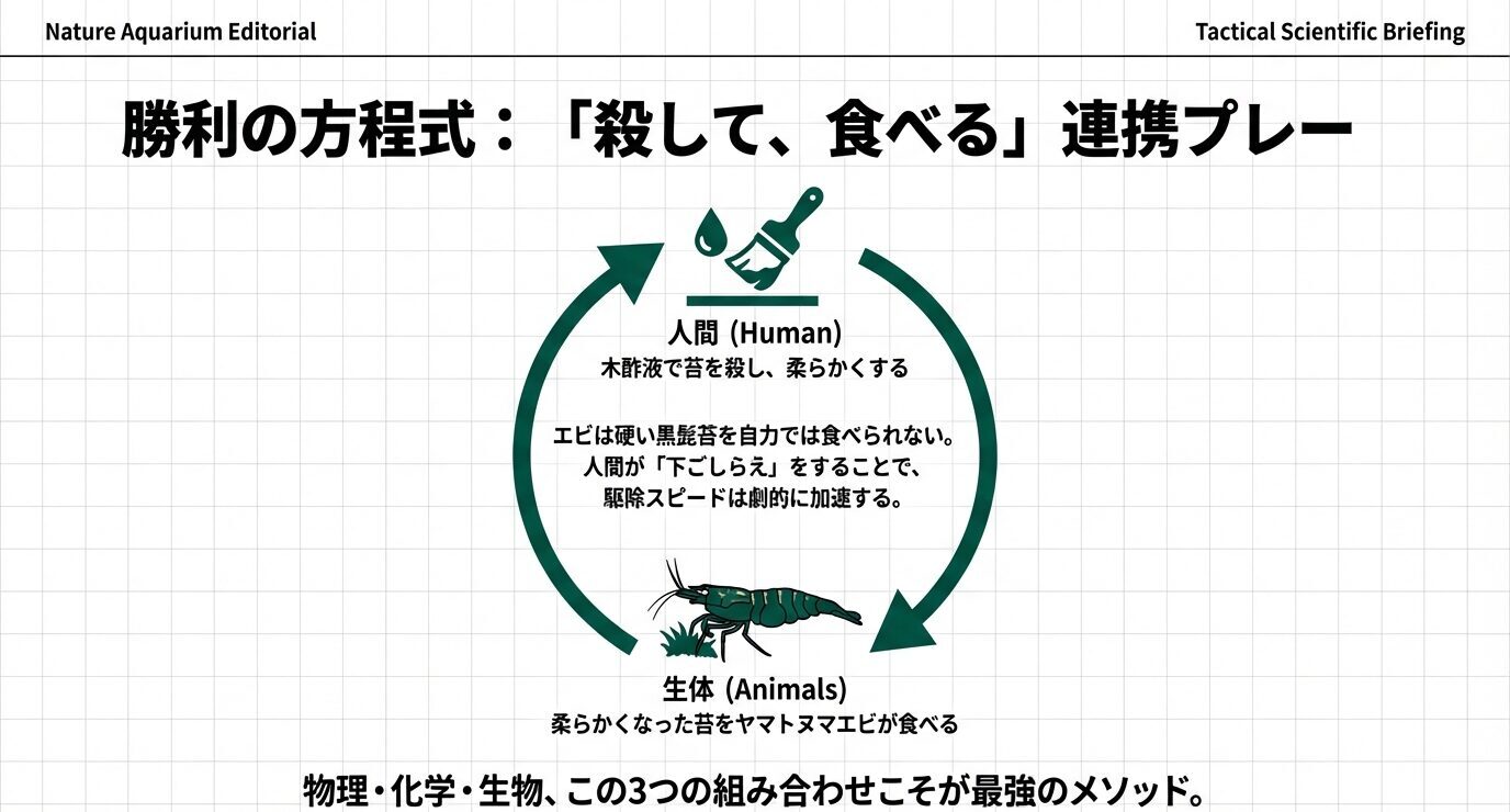 人間が木酢液などで苔を弱らせ、生体(ヤマトヌマエビ)が柔らかくなった苔を食べて仕上げる循環を示す図