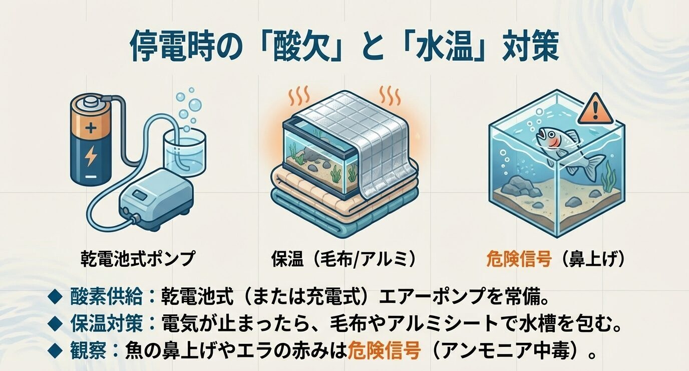 乾電池式(または充電式)エアーポンプで酸素供給する図、毛布やアルミシートで保温する図、魚の鼻上げなど危険信号を示す注意図をまとめたスライド。