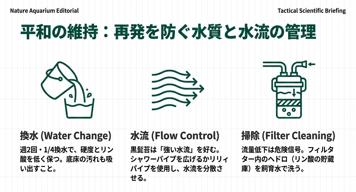 週2回の換水、水流の分散、フィルター内のヘドロを飼育水で洗うなど再発防止の要点をアイコンでまとめたスライド