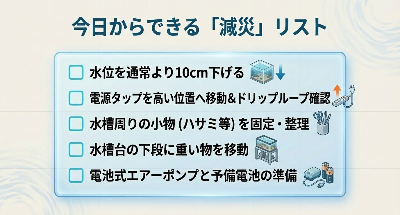 「水位を10cm下げる」「電源タップを高い位置へ移動しドリップループ確認」「小物を固定・整理」「水槽台下段に重い物を移動」「電池式エアーポンプと予備電池を準備」の5項目をチェック形式で示す。