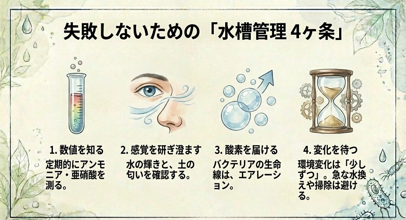 「数値を知る」「感覚を研ぎ澄ます」「酸素を届ける」「変化を待つ」の4項目を、試験管・鼻・泡・砂時計のアイコンで示したまとめスライド。