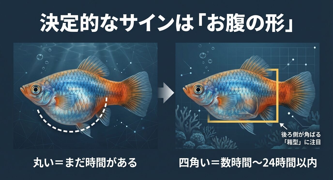 プラティの腹部形状の比較図。左は丸い腹で“まだ時間がある”、右は四角い腹で“数時間〜24時間以内”を示す。