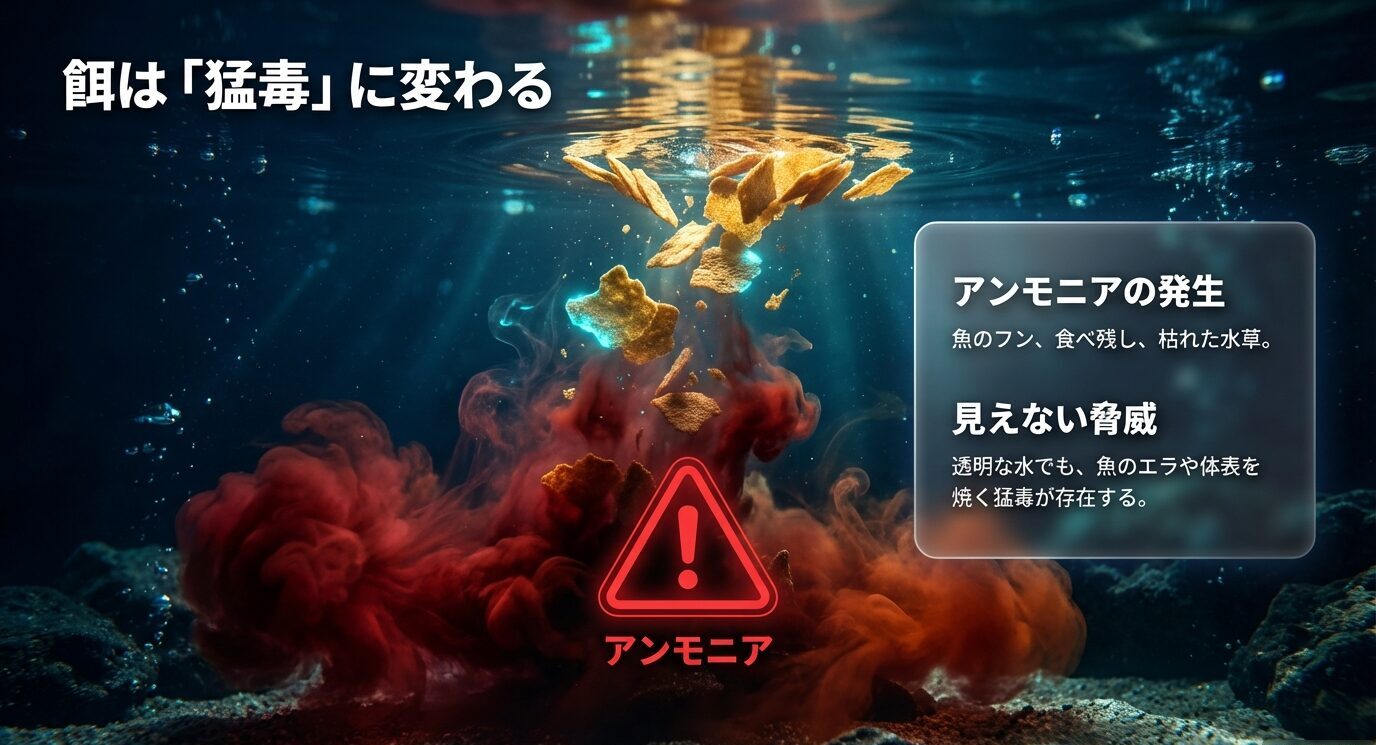 水中の餌が広がるイメージと「アンモニアの発生/魚のフン、食べ残し、枯れた水草。透明な水でも猛毒が存在」と示した警告スライド