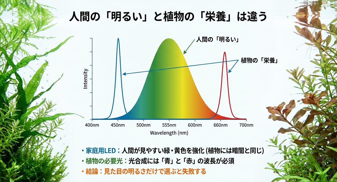 可視光の波長グラフで、人間は緑付近を明るく感じやすく、植物は青(約450nm)と赤(約660nm)を主に利用することを示す図。「見た目の明るさだけで選ぶと失敗」と強調。