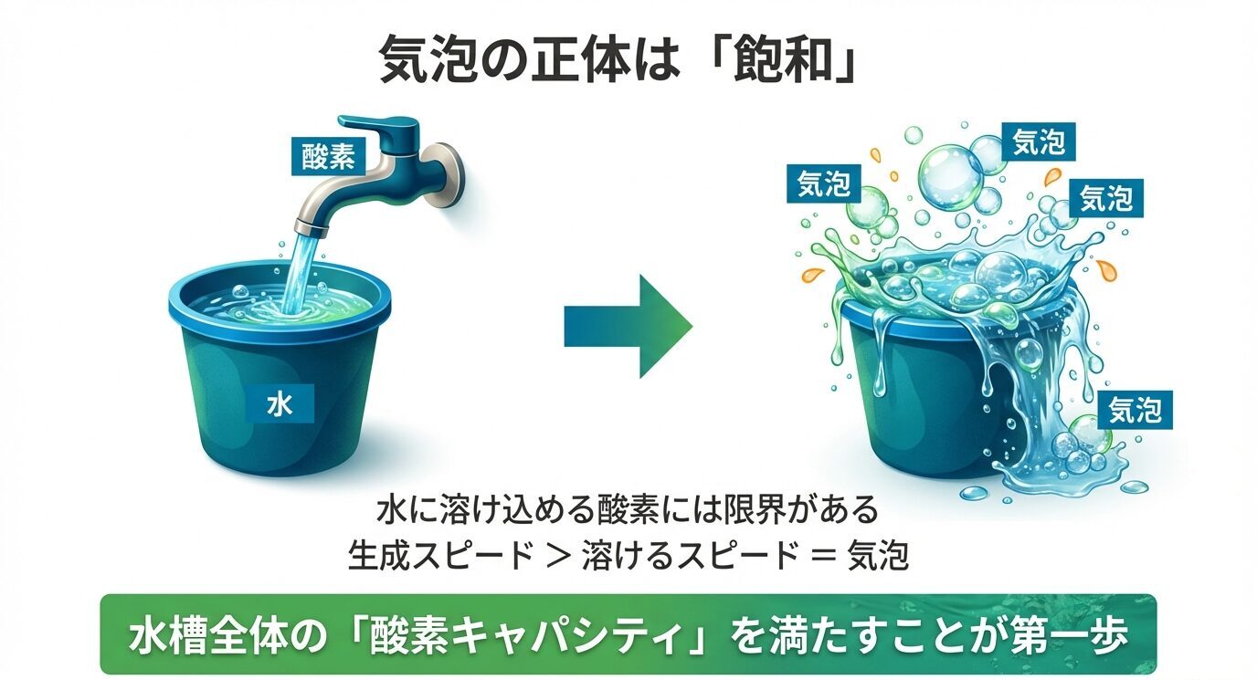 水に溶ける酸素には限界があり、生成スピードが溶けるスピードを超えると気泡になることを、バケツのイラストで示した図。「水槽全体の酸素キャパシティを満たすことが第一歩」とある。