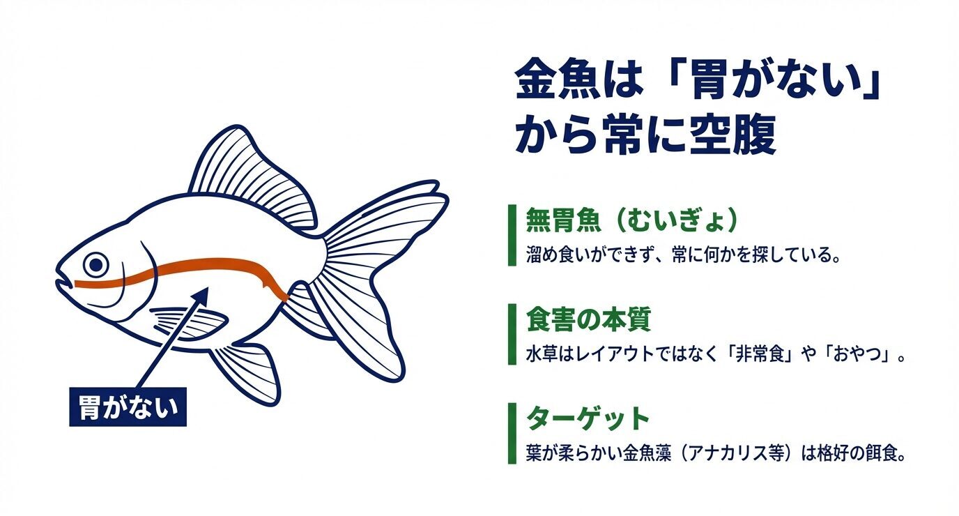 金魚のイラストと「無胃魚」「水草は非常食・おやつ」「柔らかい金魚藻が狙われる」などの要点を示す。