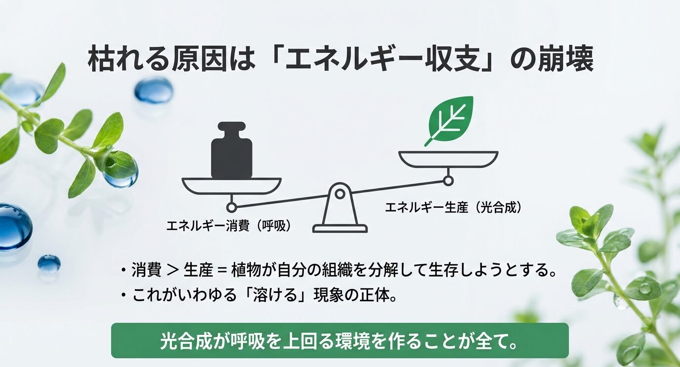 天秤のイラストで左に「エネルギー消費(呼吸)」右に「エネルギー生産(光合成)」を示し、「枯れる原因は『エネルギー収支』の崩壊」と説明している。