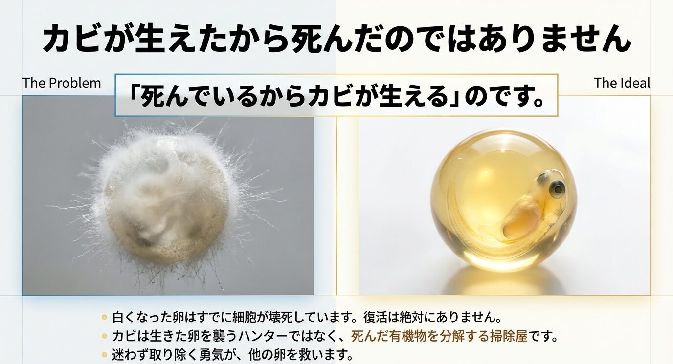 左に白い綿状のカビに覆われた卵、右に透明で健康な卵を並べ、「カビが生えたから死んだのではありません。『死んでいるからカビが生える』のです」と示す比較スライド。