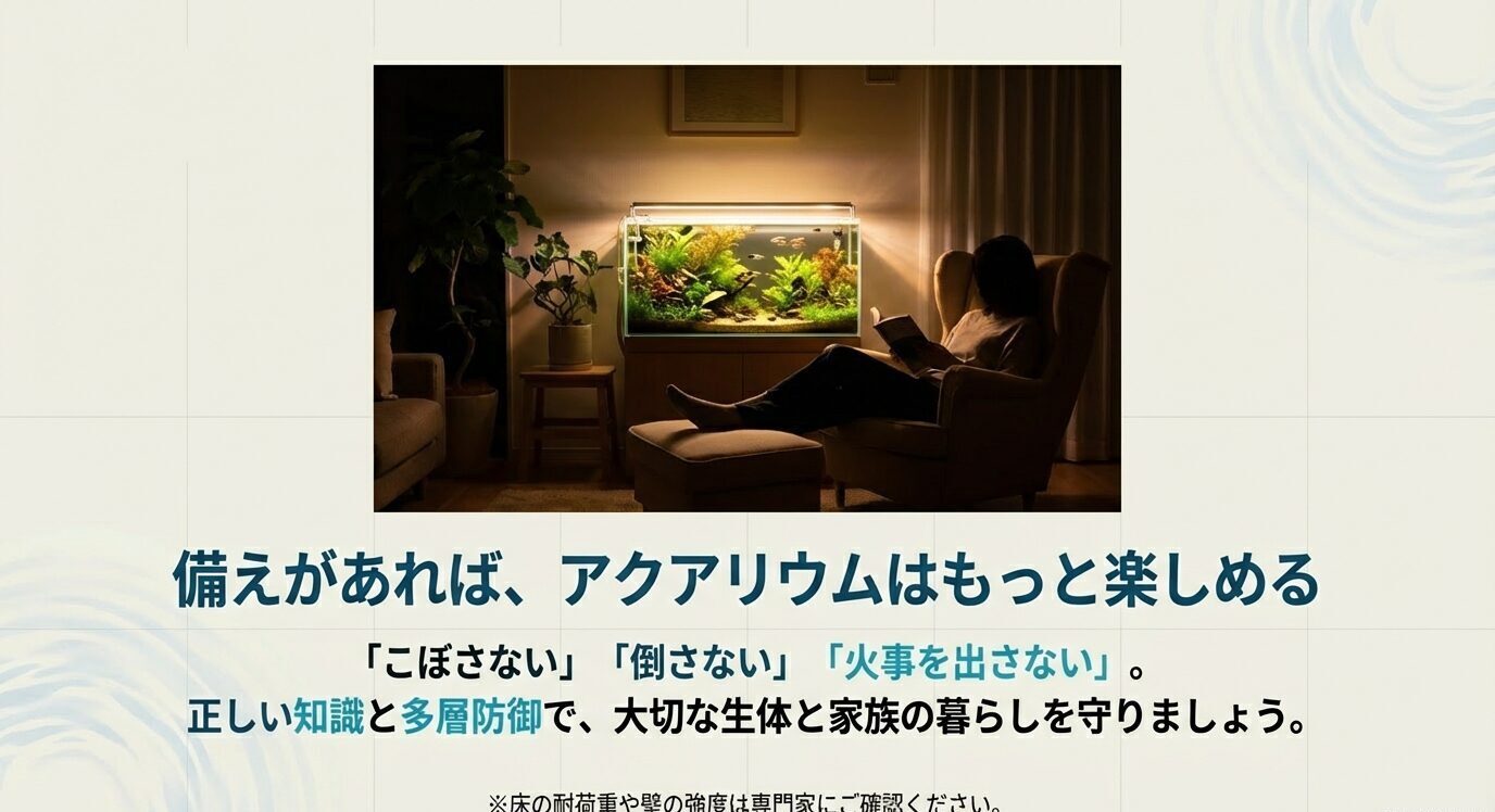 室内で水槽を眺める落ち着いた情景の写真風ビジュアル。「こぼさない・倒さない・火事を出さない」ために正しい知識と多層防御で生体と暮らしを守ろう、というメッセージを示す。