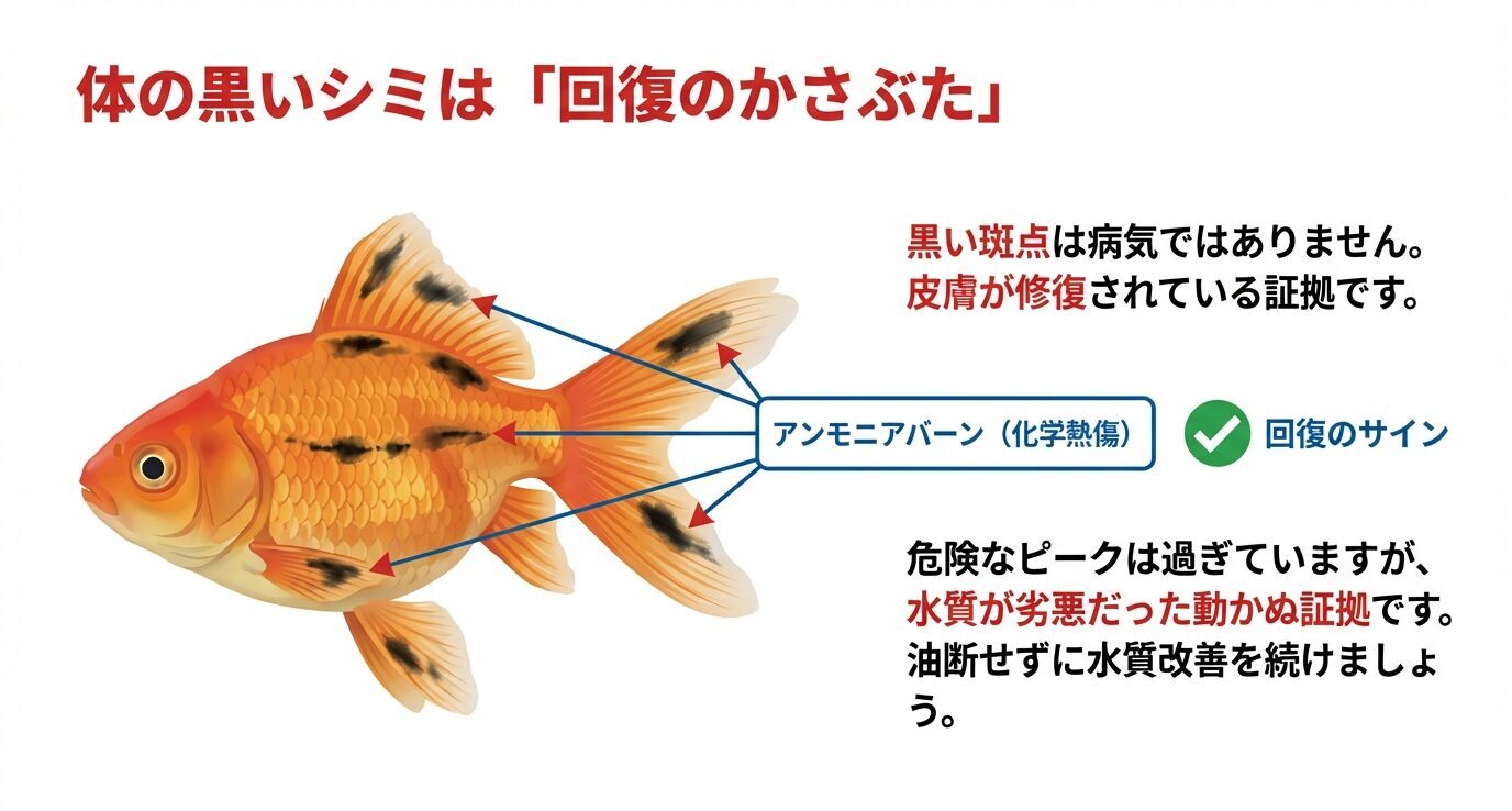 金魚の体表に出る黒い斑点が、アンモニアによる化学熱傷(アンモニアバーン)からの回復過程で起きることを示す図。黒い斑点は病気ではなく修復の証拠であると説明している。