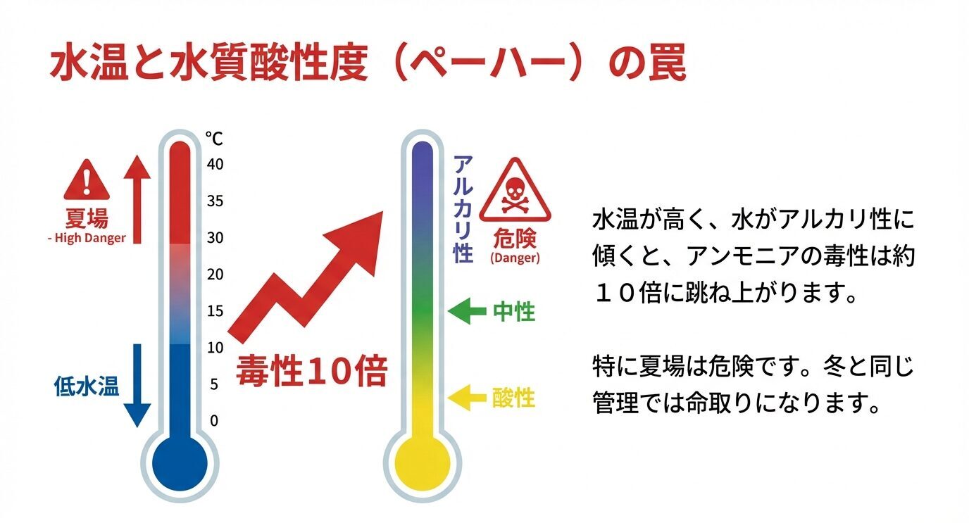 水温が高いほど、また水がアルカリ性に傾くほどアンモニア毒性が強くなることを示す図。特に夏場は危険で、冬と同じ管理だと致命的になり得ると説明している。
