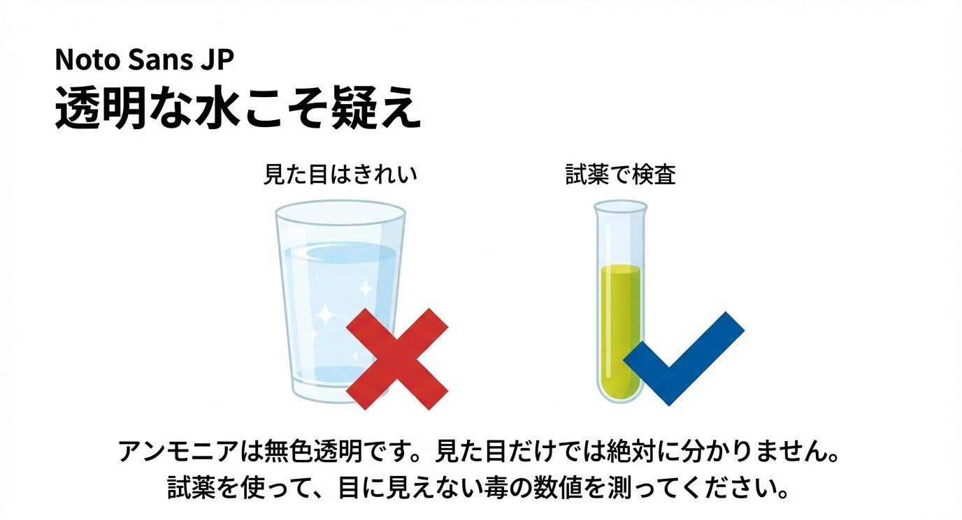 水が透明できれいでもアンモニアは無色透明で見た目では分からないことを示す比較図。試薬(テスト)で検査して数値として測る必要があると説明している。