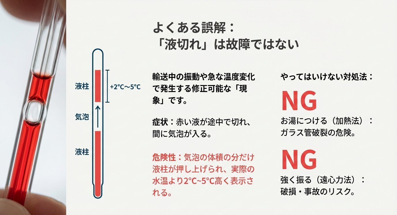 赤液が途中で切れる「液切れ」は振動や温度変化で起きる現象で、加熱法・強く振る方法はNGと示す図解。