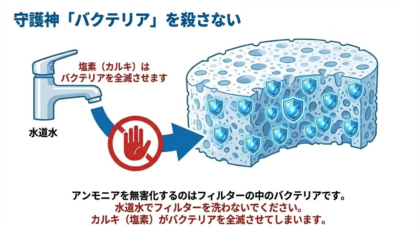 水道水の塩素(カルキ)がバクテリアを全滅させるため、フィルターやろ材を水道水で洗わないよう注意する図。アンモニアを無害化するのはフィルター内のバクテリアであると説明している。