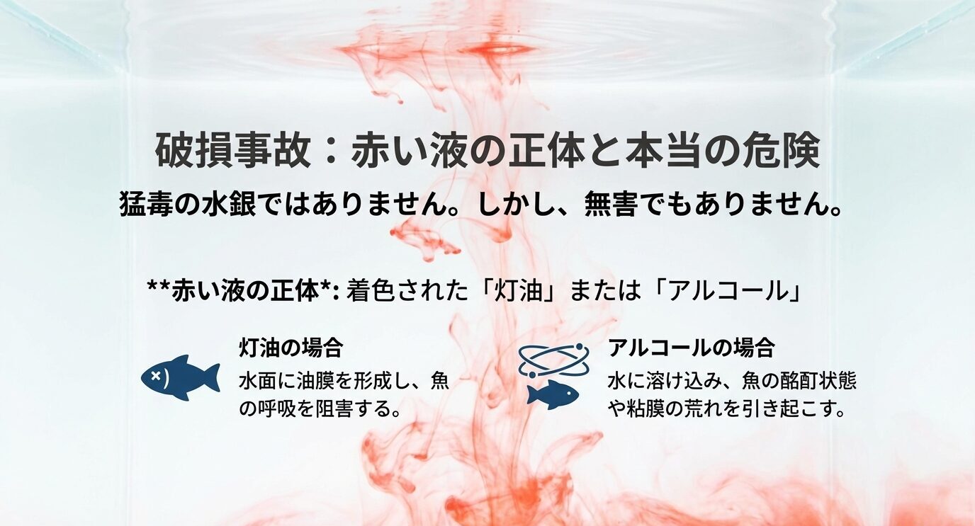 赤い液は水銀ではなく灯油またはアルコールで、灯油は油膜で呼吸阻害、アルコールは溶けて粘膜荒れ等のリスクを示す。