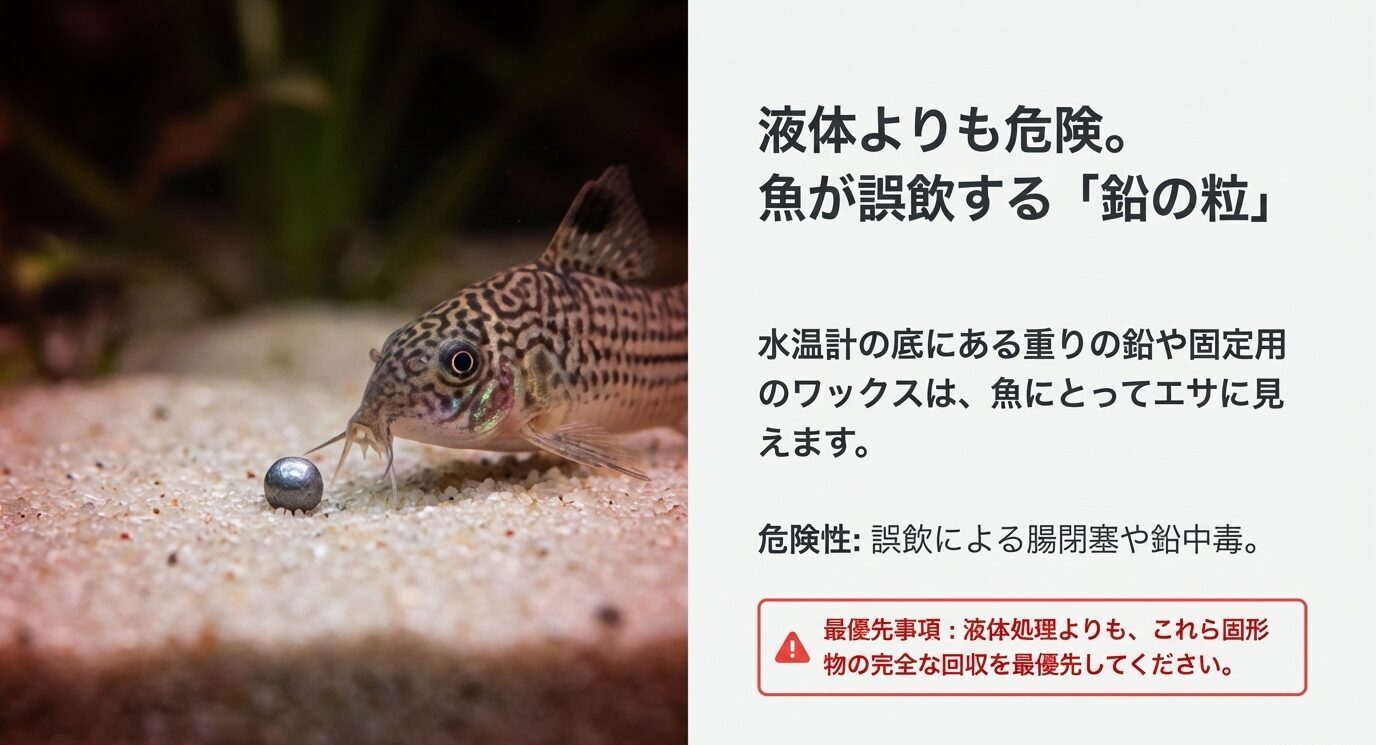 底の重り(鉛)や固定ワックスは魚のエサに見えて誤飲されやすく、腸閉塞や鉛中毒の危険があるため最優先で回収と警告する。
